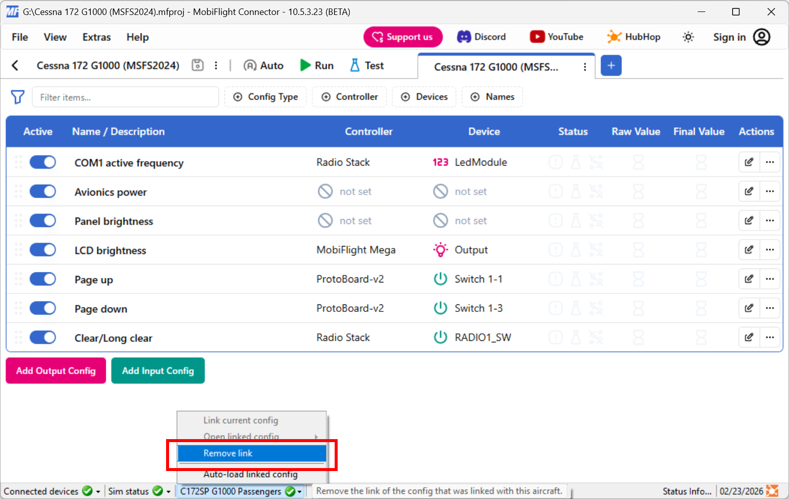 Screenshot of the main MobiFlight window with the aircraft menu open and the Remove link menu item highlighted.