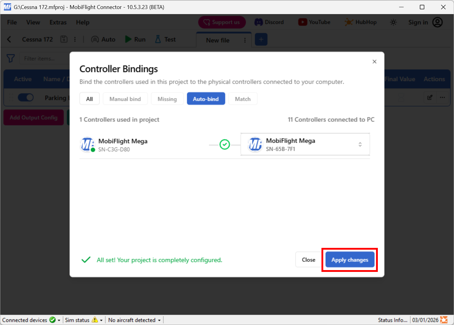 Screenshot of the Controller Bindings dialog with the Apply changes button highlighted.