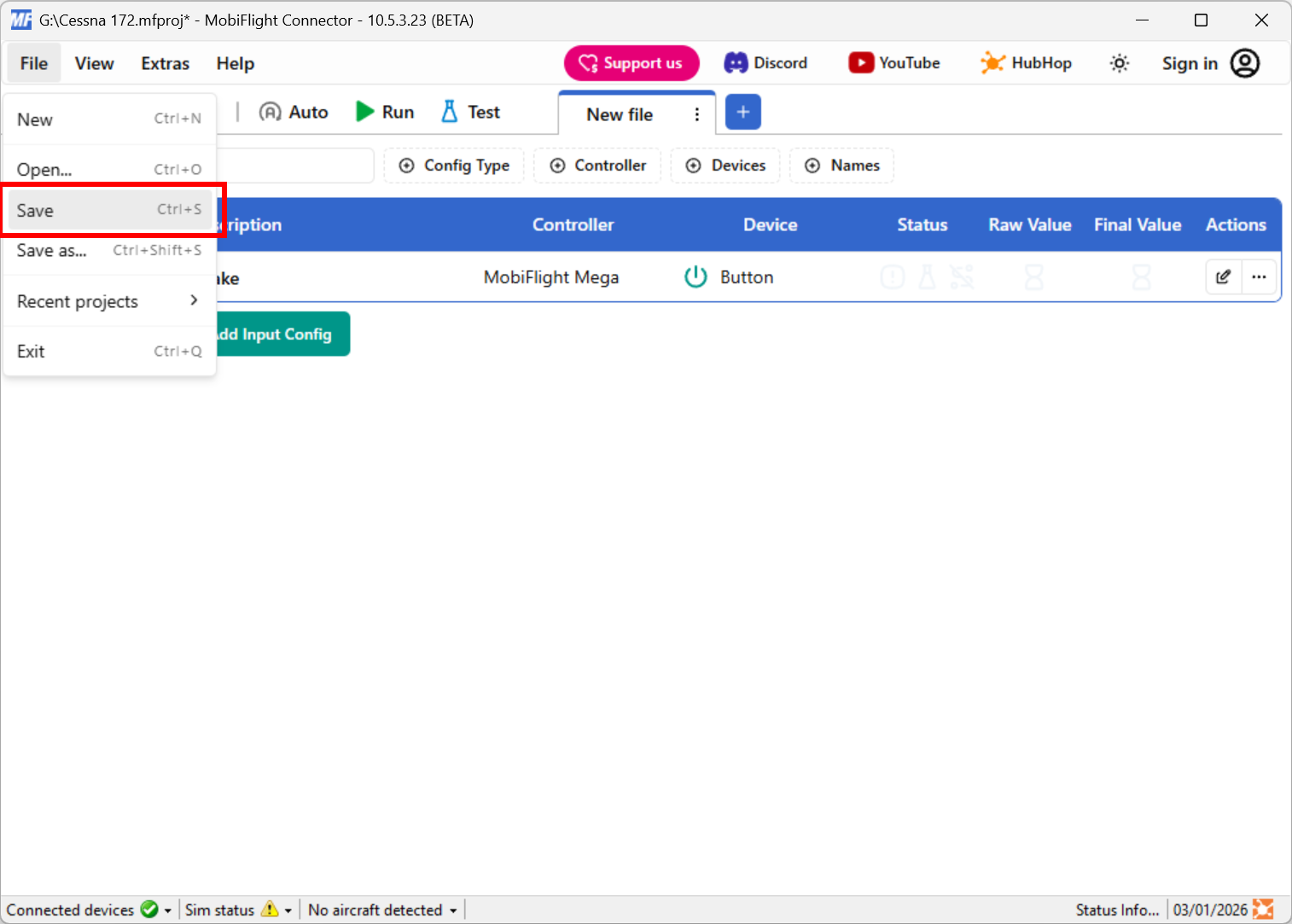 Screenshot of an open MobiFlight profile with the File > Save menu highlighted.