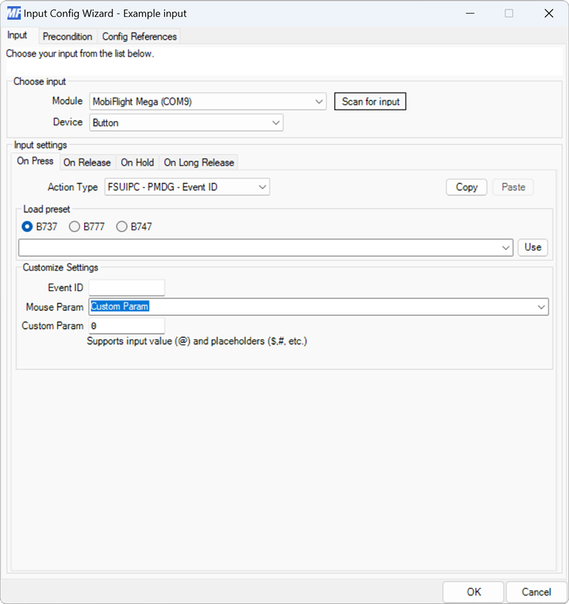 Screenshot of a button input with the FSUIPC - PMDG - Event ID action type selected.