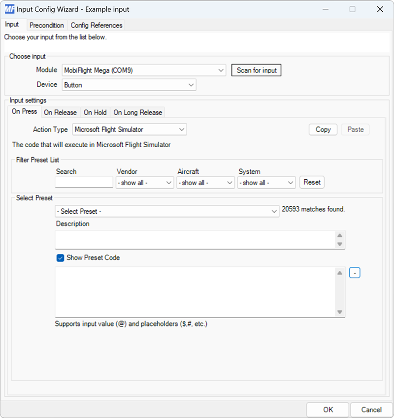 Screenshot of a button input with the Microsoft Flight Simulator action type selected and the Show Preset Code checkbox checked.