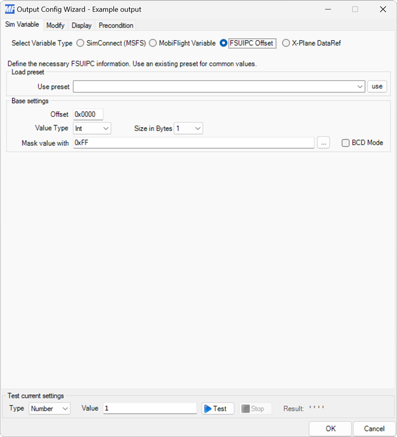 Screenshot of an output configuration with the FSUIPC Offset output variable type selected.