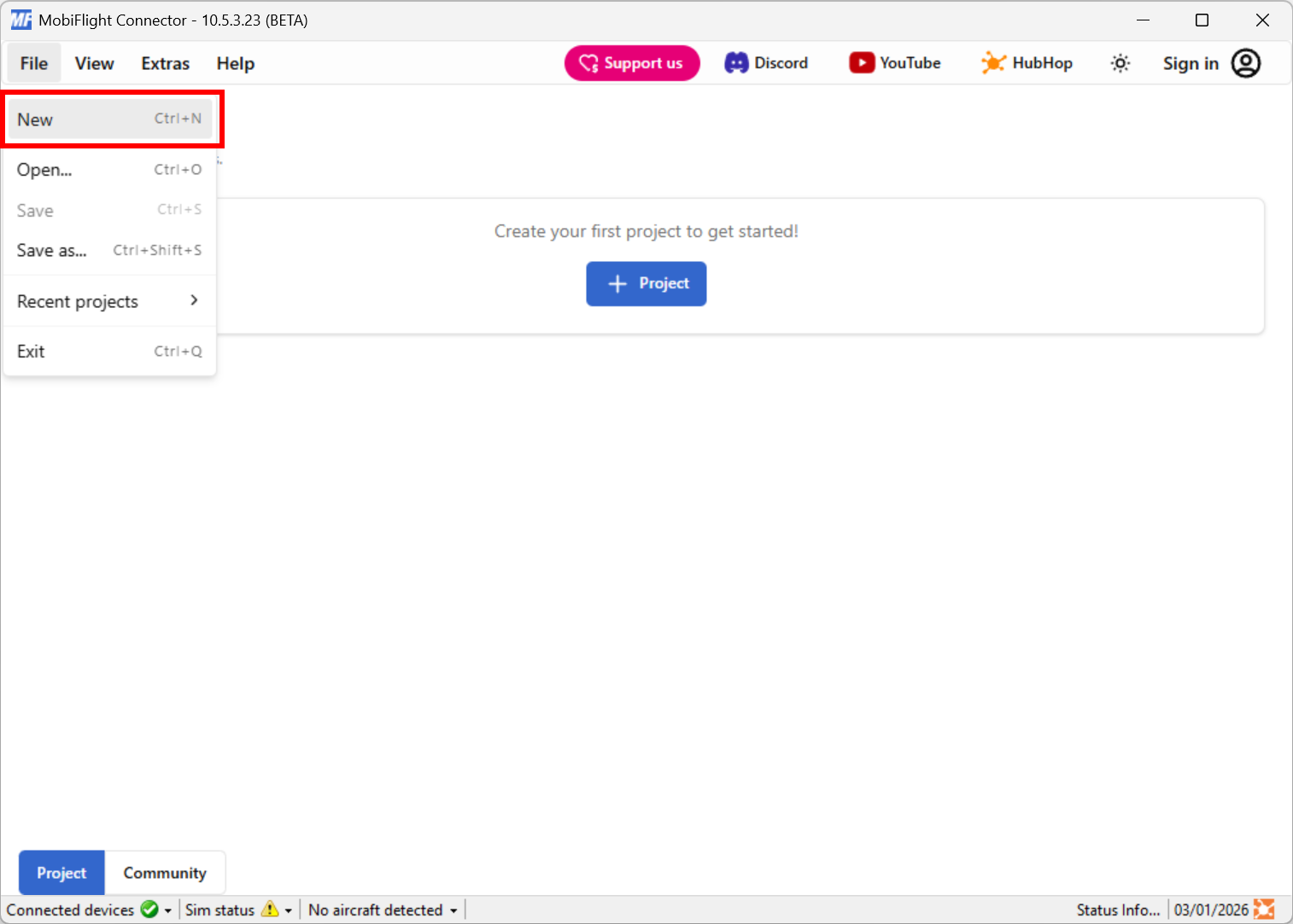 Screenshot of the main MobiFlight window with the File > New menu highlighted.
