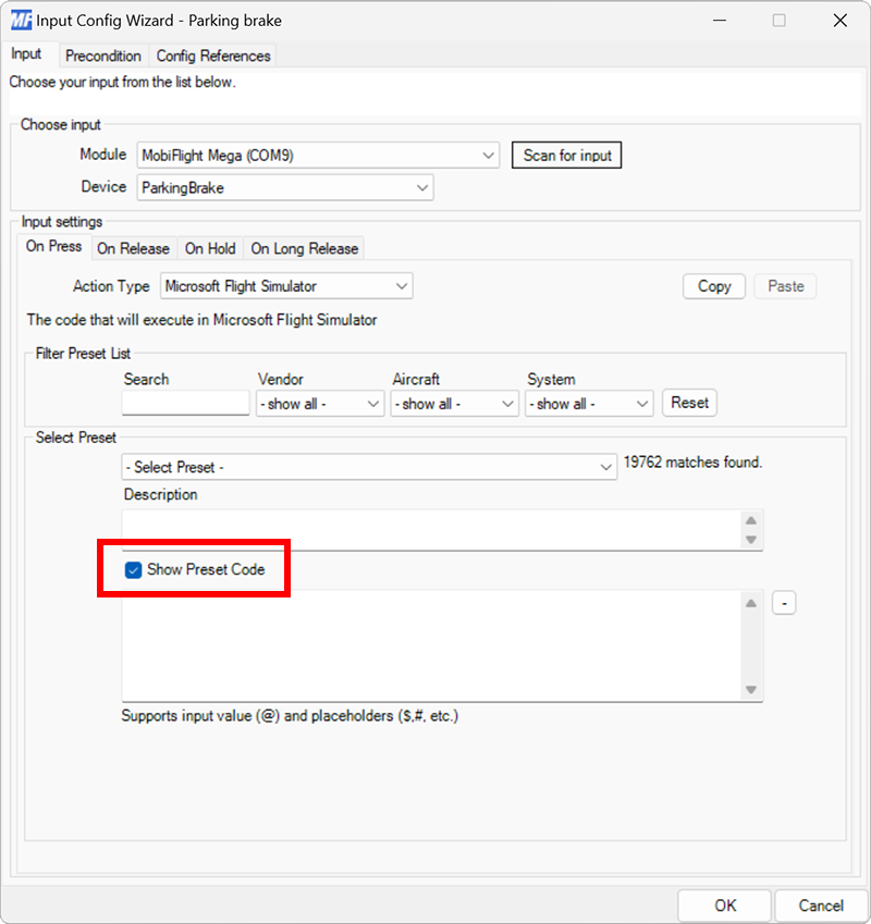 Screenshot of a MobiFlight input configuration with the Show Preset Code checkbox checked.