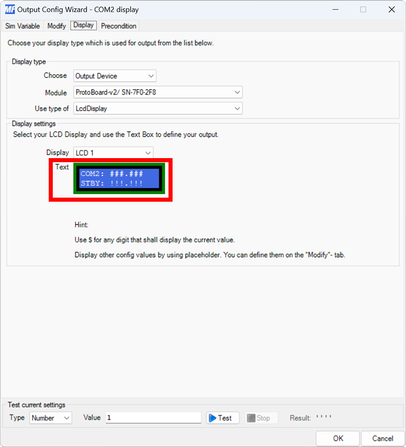 Screenshot of the output configuration dialog with the Display tab selected and the Text field filled with COM2: ###.###, STBY: !!!.!!!.